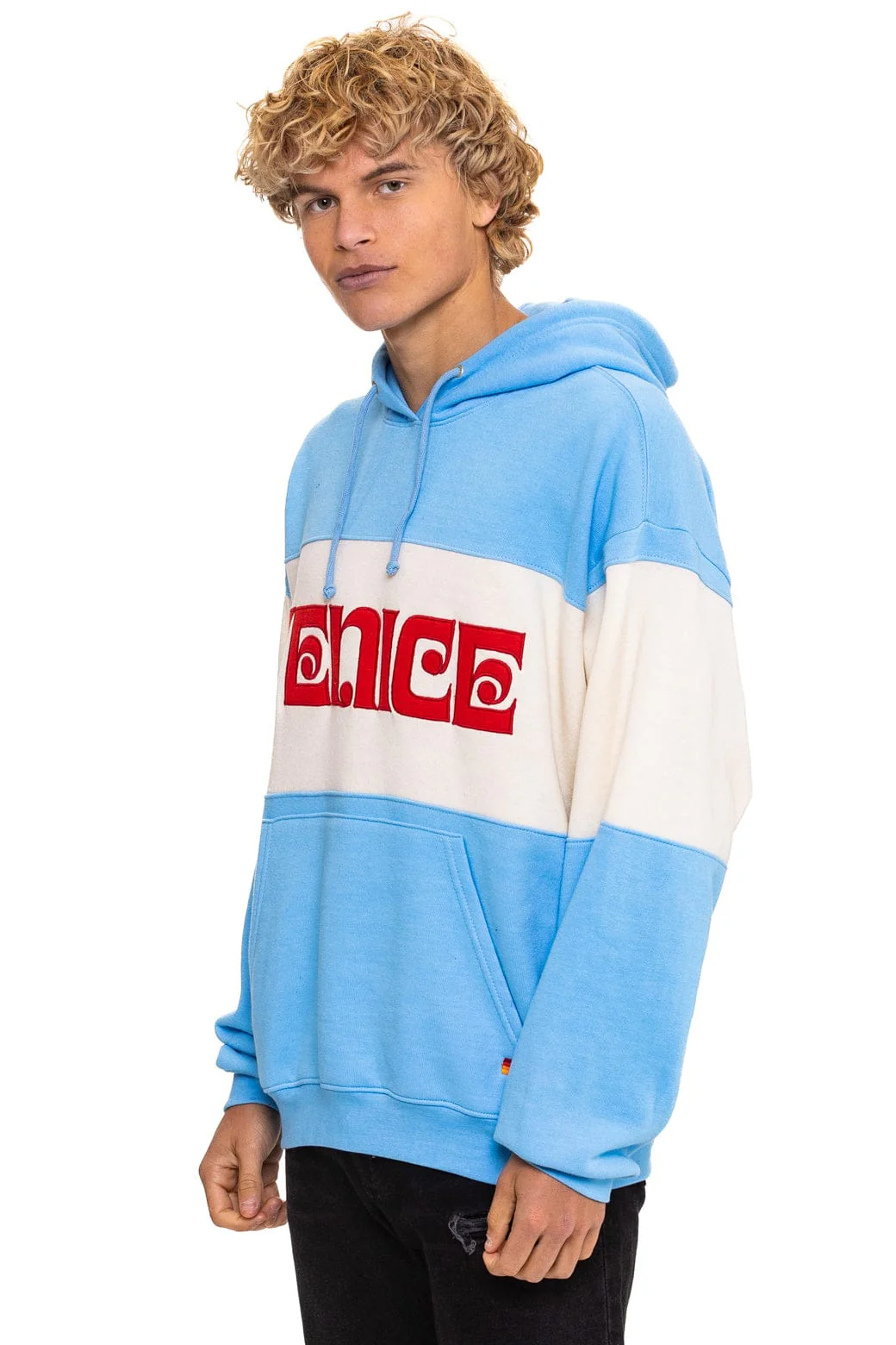 VENICE EMBROIDERY COLOR BLOCK PULLOVER HOODIE RELAXED - SKY // VINTAGE WHITE