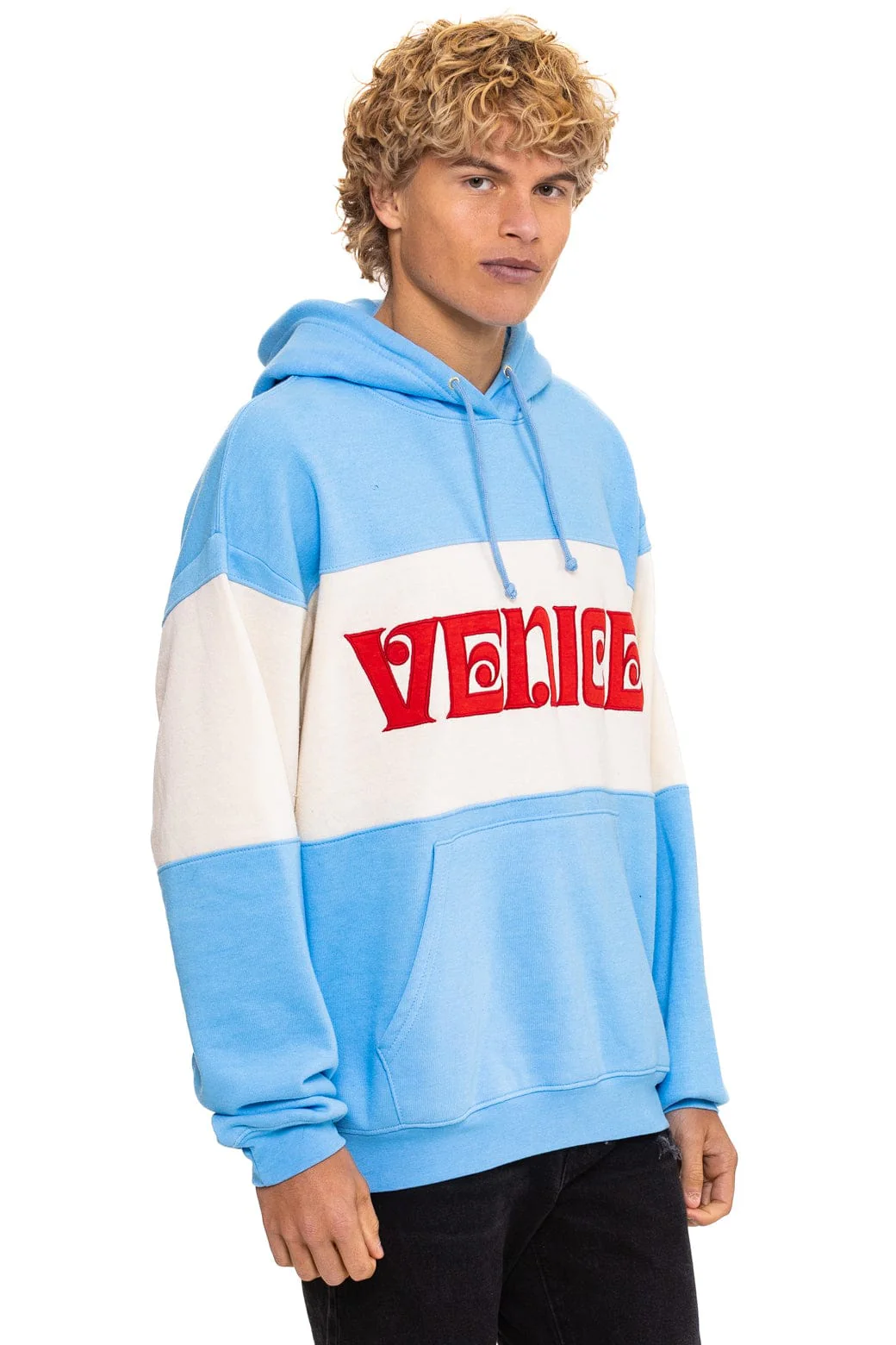 VENICE EMBROIDERY COLOR BLOCK PULLOVER HOODIE RELAXED - SKY // VINTAGE WHITE