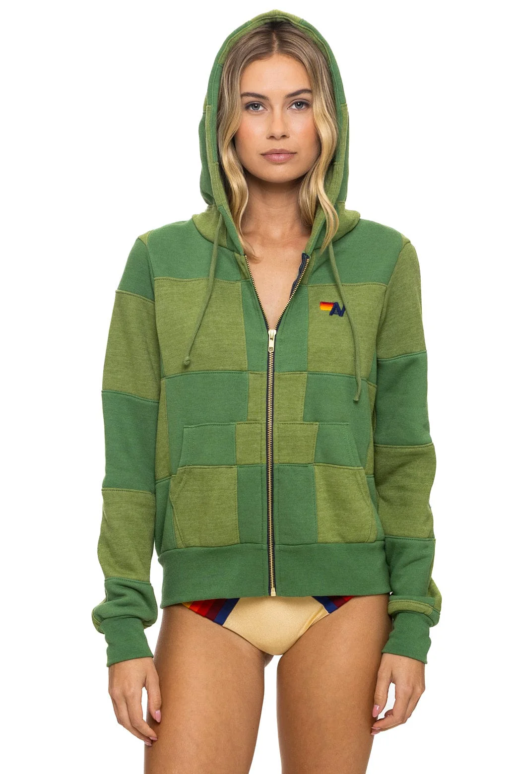 CHECK QUILT ZIP HOODIE - JUNGLE GREEN // PALM