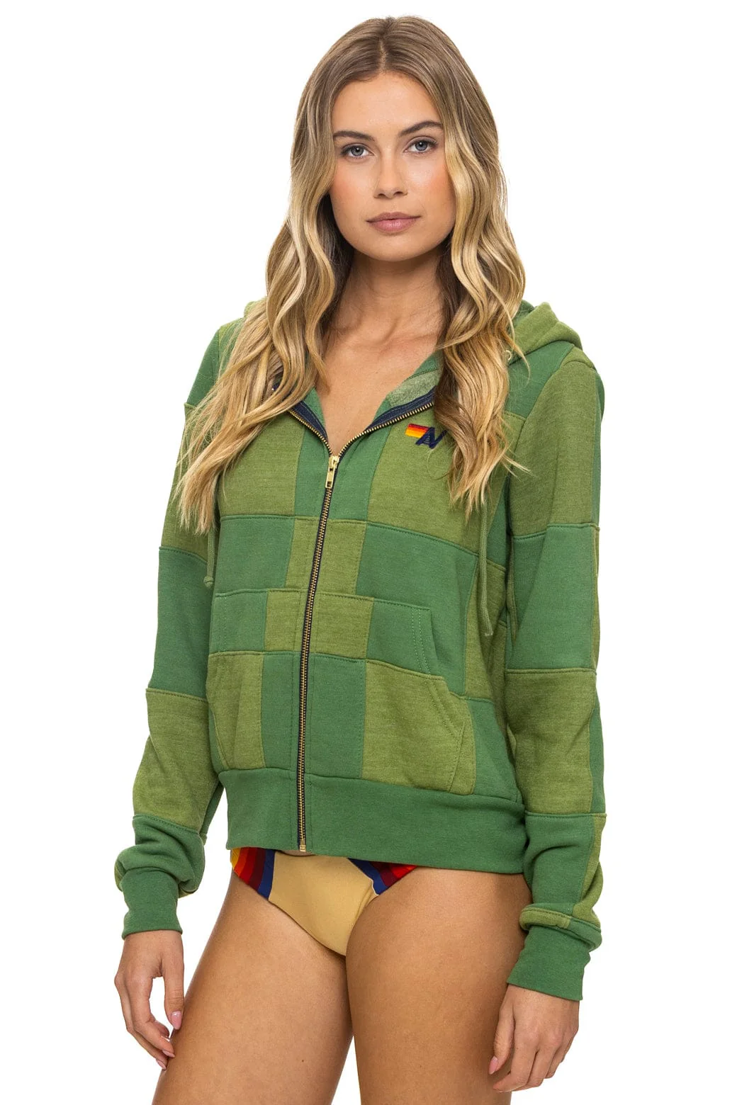 CHECK QUILT ZIP HOODIE - JUNGLE GREEN // PALM