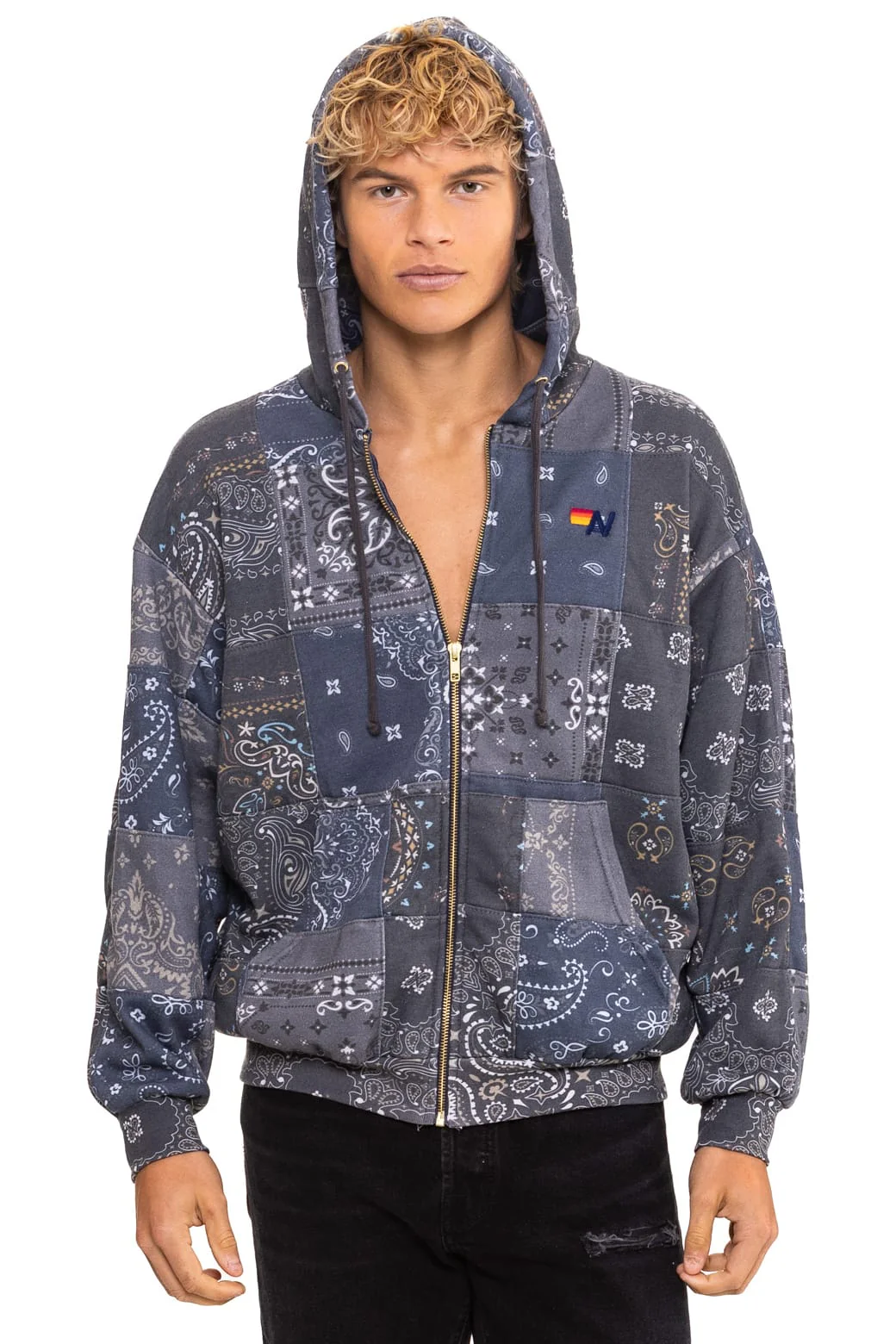 BANDANA QUILTED RELAXED ZIP HOODIE - CHARCOAL