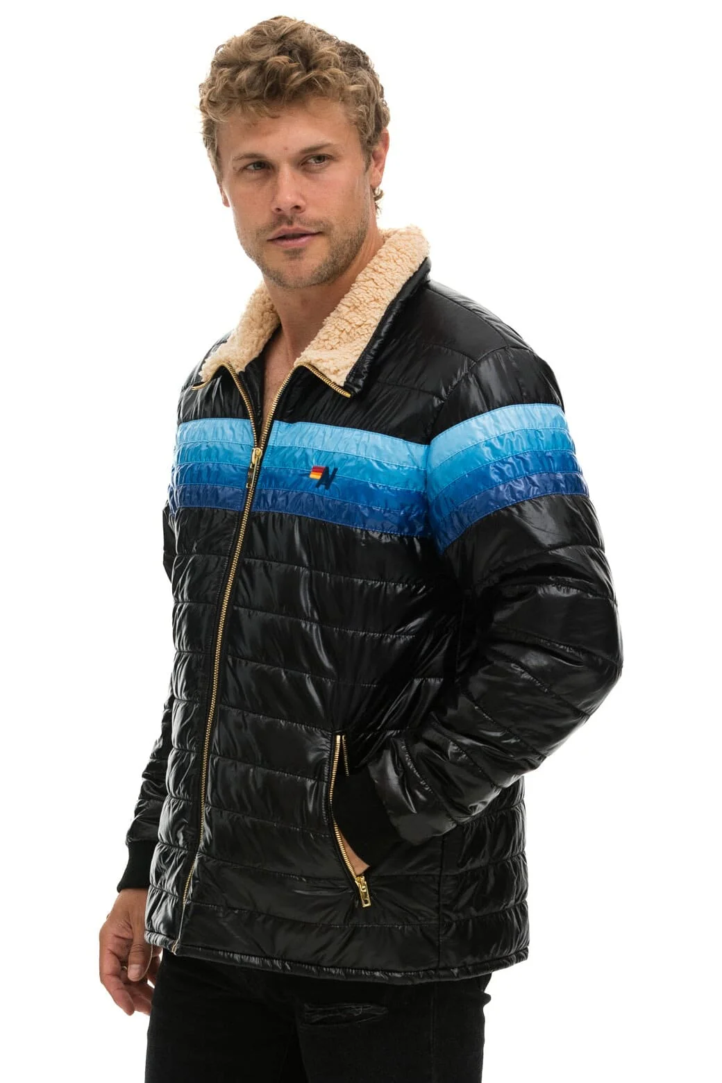 8055-4-stripe-jacket-glossy-black-blue-2.webp 4 STRIPE JACKET - GLOSSY BLACK // BLUE